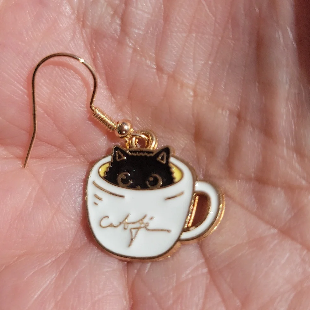 Cat Coffee Cup Dangle Earrings White Black 1.57 Inch Drop Pierced Ears New